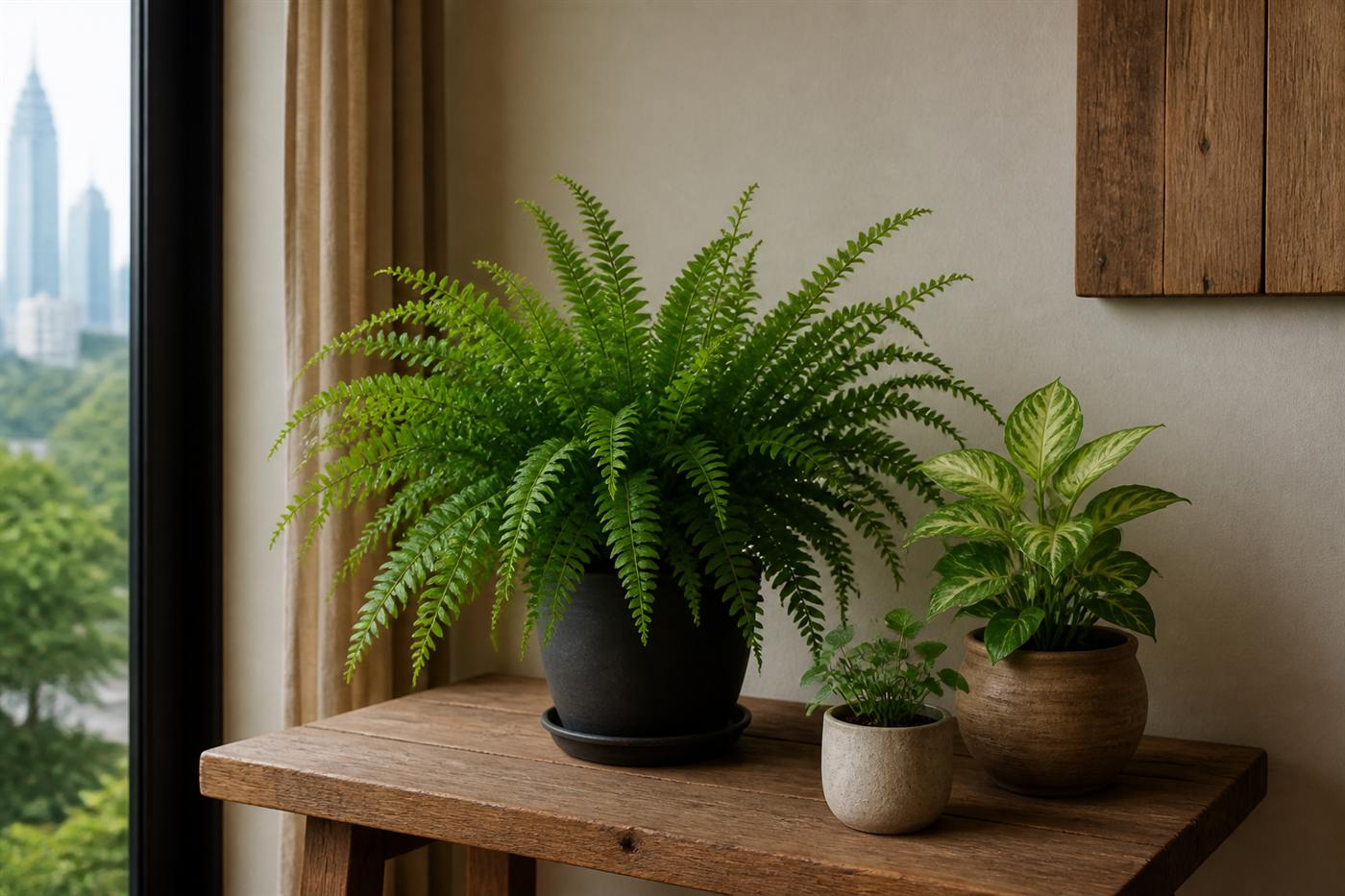 A fern and leafy plants on a wooden table