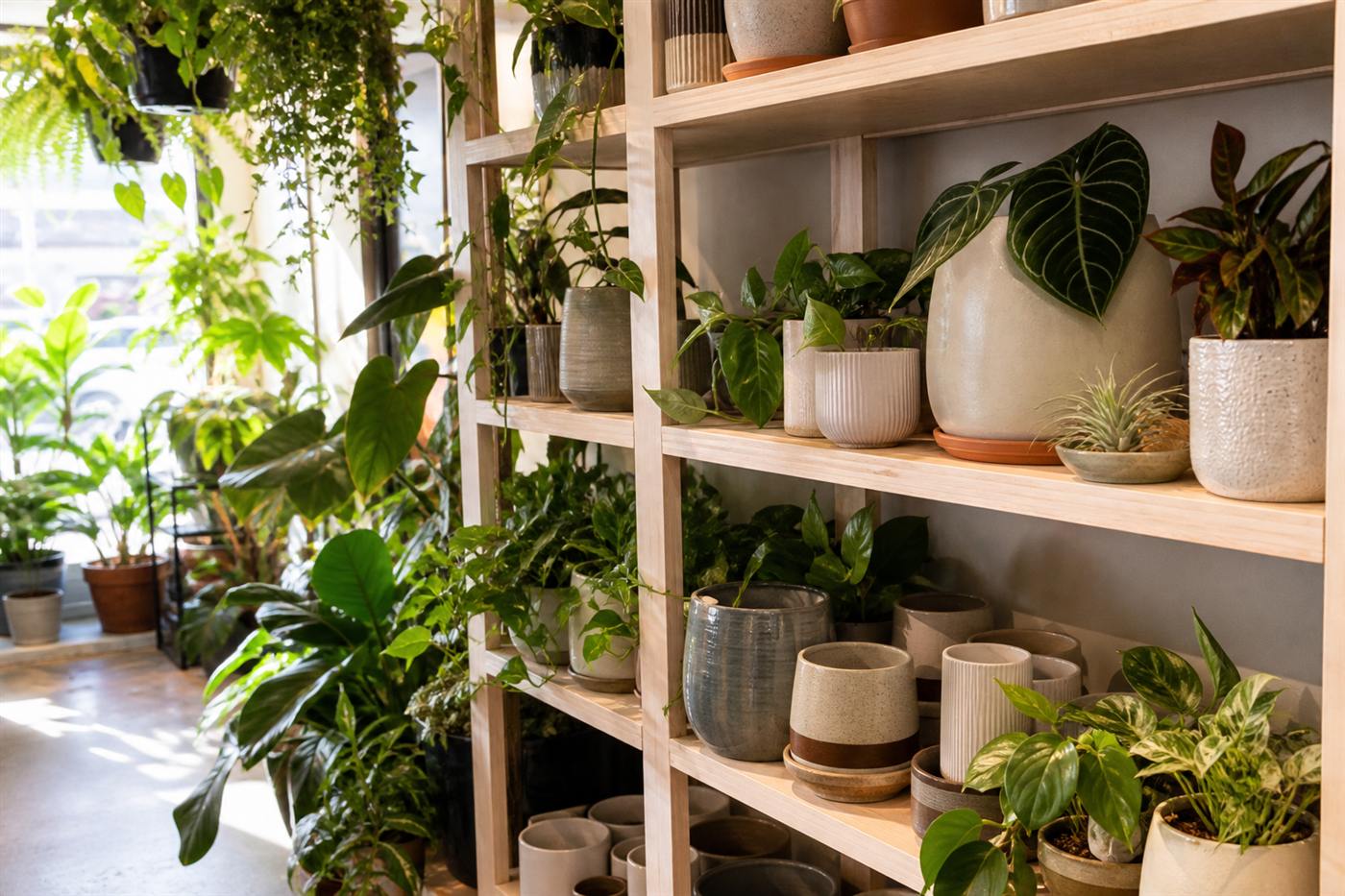 A carefully arranged shelf of indoor foliage
